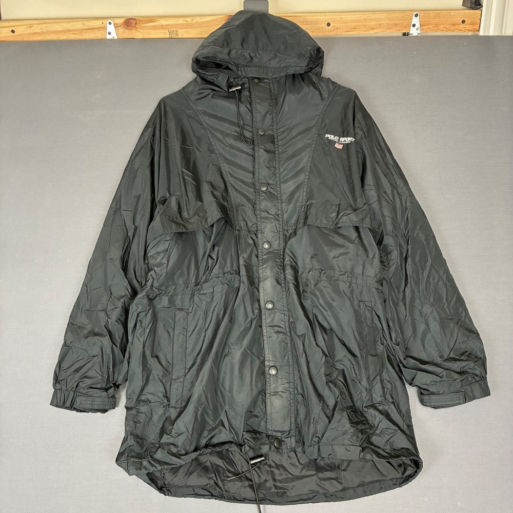 Vintage Polo Sport Ralph Lauren Black Hooded Nylon Windbreaker Coat Mens Size XL